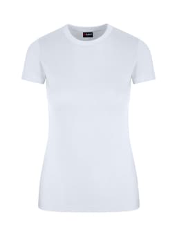 A women's slim fit tee in white, featuring a round neckline and short sleeves. The shirt has a logo on the tag.