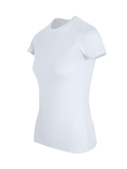 A women's slim fit tee in white, featuring a classic round neckline and short sleeves. It has a logo displayed.
