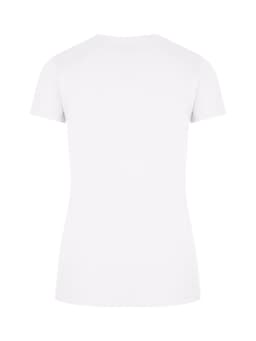 A white women's slim fit tee with short sleeves, featuring a plain back design.