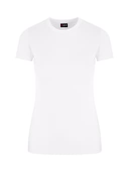 A white women's slim fit tee with short sleeves, featuring a logo on the label.