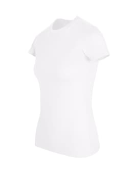 A women's slim fit tee in white, featuring a round neck and short sleeves. The shirt has a logo on it.