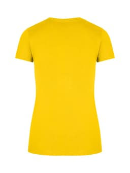 A yellow women's slim fit tee with short sleeves and a simple design. The back view shows a smooth, seamless style.