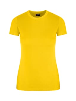 A bright yellow women's slim fit t-shirt with a round neckline and short sleeves. The shirt has a logo on the label.