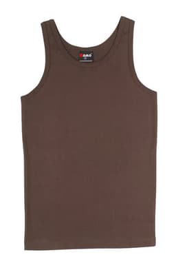 A brown men's cotton rib singlet featuring a round neck and no sleeves, with a logo on the label.