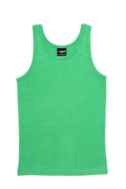 A green men's cotton rib singlet with a logo on the label, displayed flat against a white background.