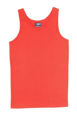 A bright red men's cotton rib singlet with a classic design and a logo on the label.