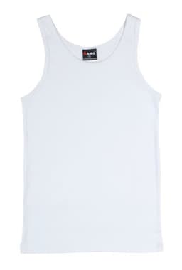 A white men's cotton rib singlet with a logo on the label.