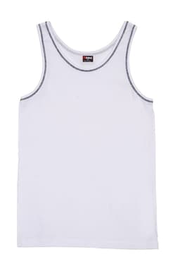 A white men's cotton rib singlet with contrasting stitching, featuring a logo on the label.