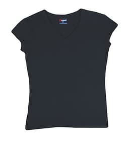 A black women's V-neck T-shirt with short sleeves and a logo on the neckline.