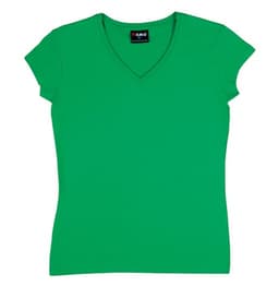 A green women's V-neck T-shirt with short sleeves and a branding label at the neckline.
