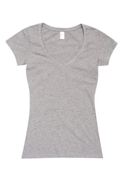 A grey women's V-neck T-shirt with short sleeves and a fitted design. It has a tag at the neckline and a logo.