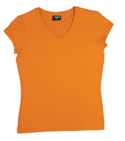 An orange women's V-neck T-shirt with short sleeves and a tag featuring a logo.