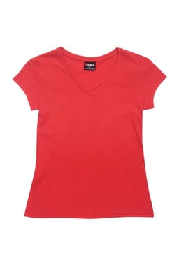 A red women's V-neck T-shirt with short sleeves and a branding label on the neckline.