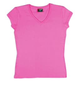 A pink women's V-neck T-shirt with short sleeves, featuring a branded label.