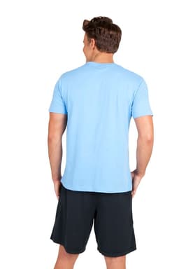 A light blue unisex t-shirt displayed on a model, paired with black shorts and featuring a logo.