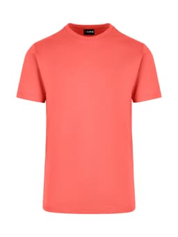 A coral unisex American style t-shirt with a round neck and short sleeves, featuring a logo at the collar.