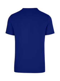 A blue unisex American style t-shirt with short sleeves and a plain back. It features a logo.