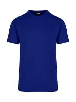 A blue unisex t-shirt with a classic crew neckline, featuring a simple design and a logo on the label.