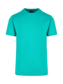 A turquoise unisex t-shirt with a crew neckline and short sleeves, featuring a logo at the neck.