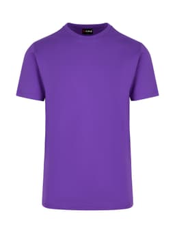 A purple unisex American style t-shirt with short sleeves and a crew neck, featuring a logo on the label.