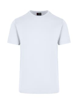 A light blue unisex t-shirt with a round neckline and short sleeves, featuring a logo on the label.