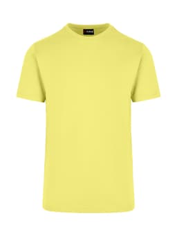 A bright yellow unisex American style t-shirt with a round neckline and short sleeves, featuring a logo.