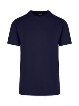 A navy blue unisex t-shirt with short sleeves and a logo tag at the neckline.