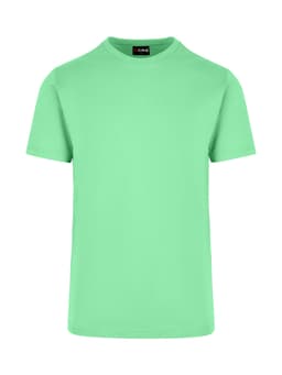 A mint green, unisex American style t-shirt with a round neckline and short sleeves. It features a logo on the label.