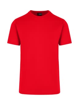 A red unisex American style t-shirt with a crew neck and short sleeves. Features a branded label.