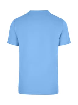 A blue unisex t-shirt with short sleeves and a plain back, featuring a logo.