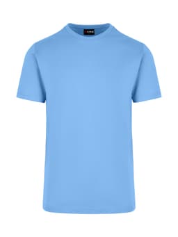 A light blue unisex American style t-shirt with a round neckline and short sleeves, featuring a logo on the tag.