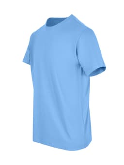 A blue unisex American style t-shirt, featuring a classic crew neck and short sleeves. The shirt has a logo on it.