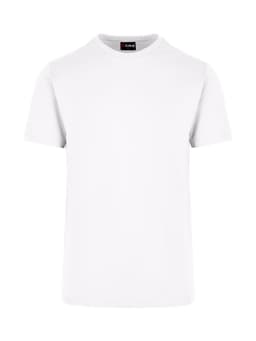 A plain white unisex t-shirt with short sleeves and a logo on the neckline.
