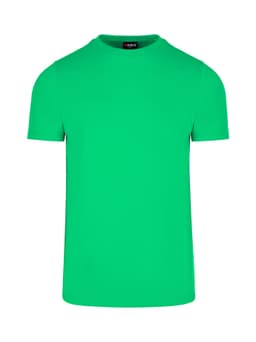 A bright green men's slim fit T-shirt with a round neckline and short sleeves. It features a logo on the neck.