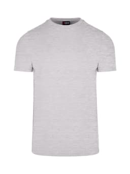 A grey men's slim fit T-shirt with a crew neck and short sleeves, featuring a subtle logo.