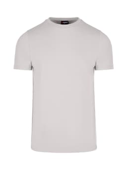 A light grey men's slim fit T-shirt with short sleeves and a round neck. It features a logo on the label.