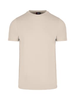 A beige men's slim fit T-shirt featuring a crew neck and short sleeves, with a logo on the collar.