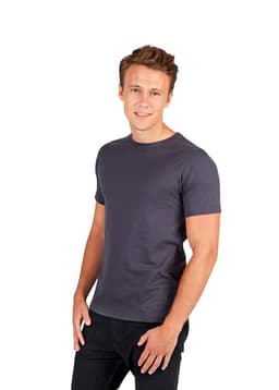 A men's slim fit t-shirt in dark grey, featuring a simple design and a logo on the front.