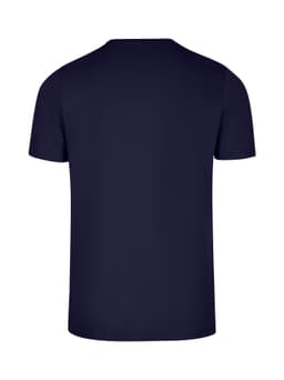 A navy blue men's slim fit T-shirt with a plain back view and short sleeves. It features a logo.
