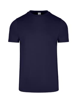 A navy blue men's slim fit T-shirt with a crew neck and short sleeves, featuring a logo.