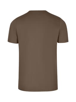 A brown men's slim fit T-shirt featuring short sleeves and a simple design, with a logo on the back.