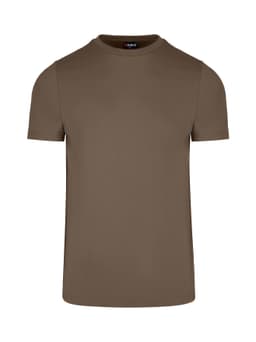 A khaki men's slim fit T-shirt with a round neckline and short sleeves, featuring a logo on the neckline.