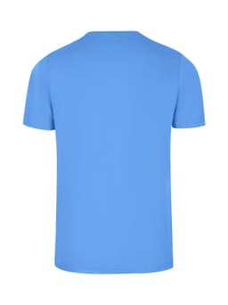 A blue men's slim fit T-shirt with a round neckline and short sleeves. It features a logo on the back.
