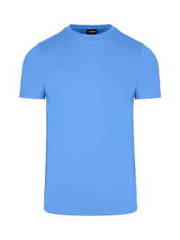 A blue men's slim fit T-shirt with short sleeves, featuring a tag inside the neckline.