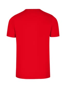 A red men's slim fit T-shirt, featuring a seamless design and a logo on the back.