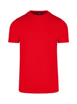 A red men's slim fit T-shirt with a round neckline and short sleeves. It features a visible brand logo.