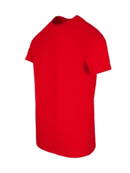 A red men's slim fit T-shirt with a round neck and short sleeves, featuring a logo.