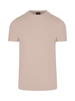 A beige men's slim fit T-shirt with a round neckline and short sleeves. It features a logo on the tag.