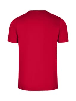 A red men's slim fit T-shirt with a plain back and a crew neckline, featuring a logo.