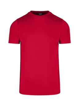 A red men's slim fit T-shirt displayed against a white background, featuring a crew neck and short sleeves.